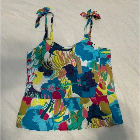 J. Crew Floral Tropical Peplum Tie Shoulder Tank Size 10 NEW - Picture 1 of 7